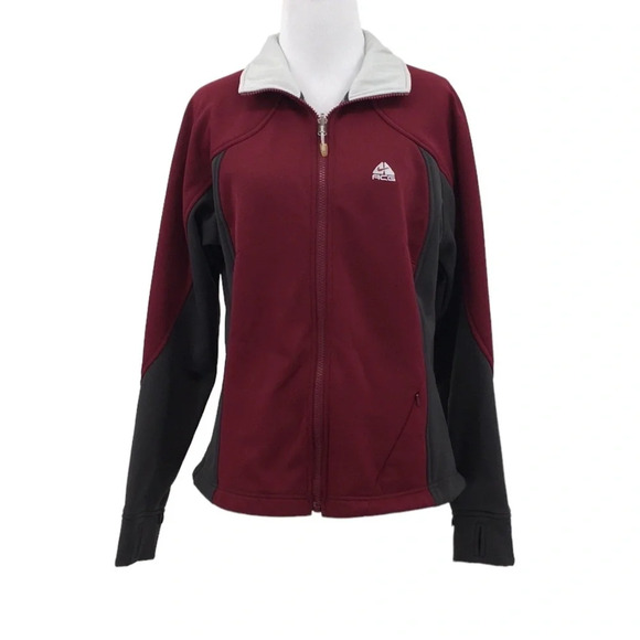 Nike ACG Thermal Layer 2 Red Gray Fleece Jacket Womens Medium Thumbhole Zip Up - Picture 1 of 13
